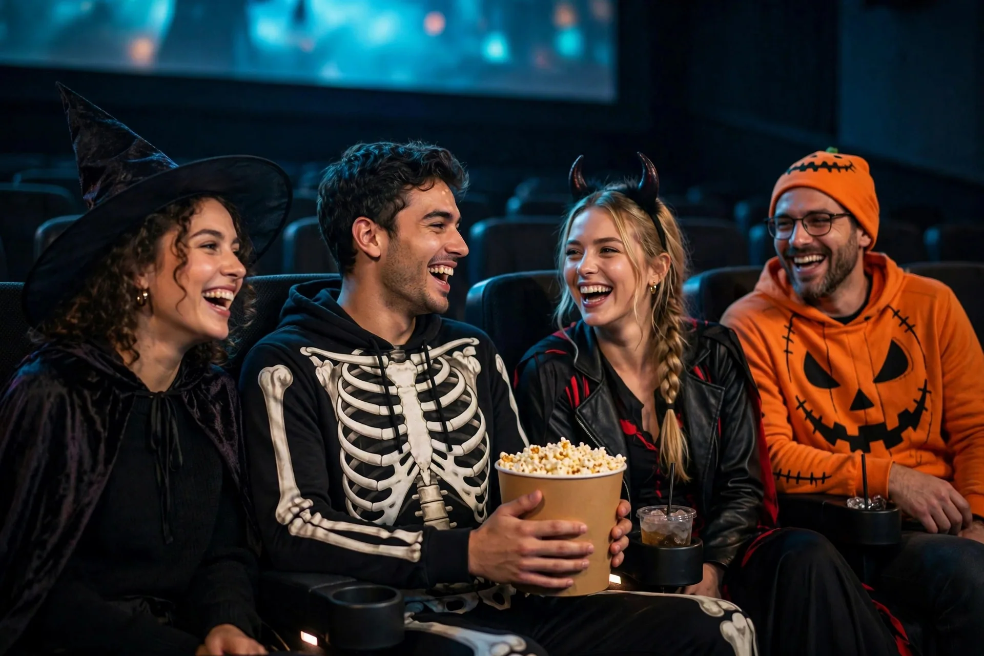 Grupo de amigos disfrazados en el cine con palomitas viendo una película de terror