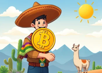 Un hombre sonriente con sombrero sostiene un gran símbolo de Bitcoin delante de él. Está en un paisaje desértico con cactus, montañas, una llama y un sol brillante en el cielo.