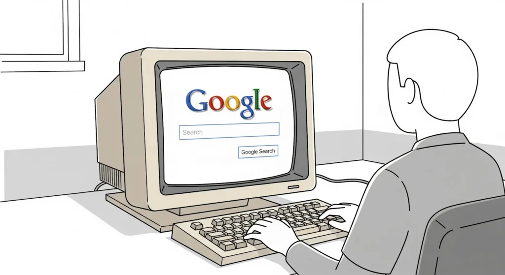 Una persona utiliza un ordenador de sobremesa antiguo para navegar por la página principal de Google en una ilustración sencilla, principalmente en blanco y negro, con sólo el logotipo de Google en color.