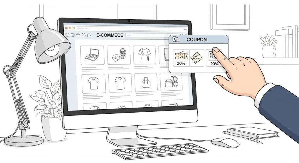 Una persona utiliza un ordenador de sobremesa para comprar por Internet y selecciona un cupón de descuento del 20% en una ventana emergente mientras navega por un sitio web de comercio electrónico en el que se muestran varios productos. Sobre el escritorio hay una lámpara, una planta y libros.