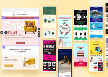 Collage de plantillas de marketing por correo electrónico con diseños de promociones, rebajas y productos, sobre fondo amarillo.