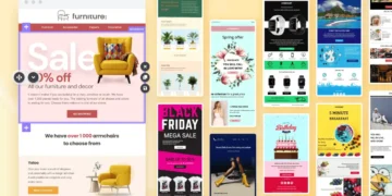 Collage de plantillas de marketing por correo electrónico con diseños de promociones, rebajas y productos, sobre fondo amarillo.