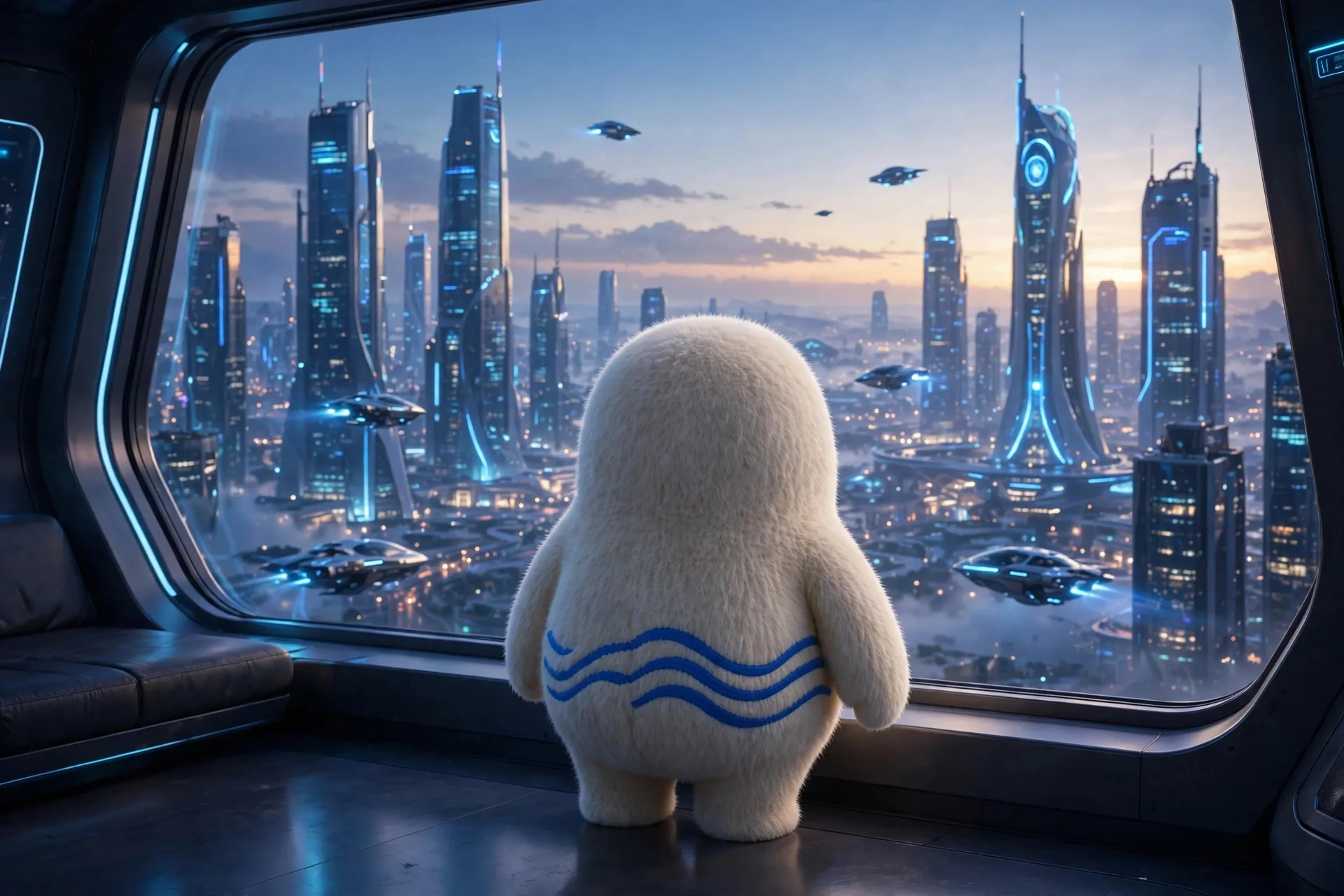 La mascota de Muse mirando una ciudad futurista al atardecer