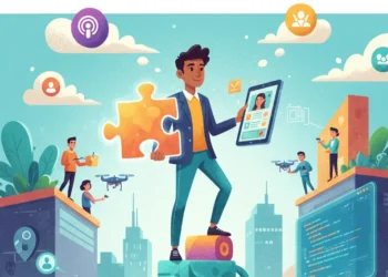 Un hombre que sostiene una pieza de puzle se encuentra sobre libros apilados, rodeado de personas que utilizan tecnología como drones, tabletas y RV, simbolizando el aprendizaje digital y la conexión en un entorno luminoso con temática urbana.