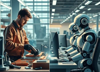 Escena dividida que muestra a un hombre trabajando con herramientas en electrónica en un taller, a la izquierda, y a robots humanoides tecleando en ordenadores en una moderna oficina, a la derecha.