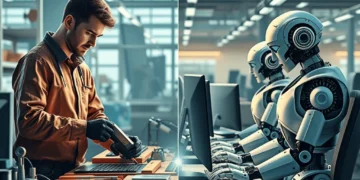 Escena dividida que muestra a un hombre trabajando con herramientas en electrónica en un taller, a la izquierda, y a robots humanoides tecleando en ordenadores en una moderna oficina, a la derecha.