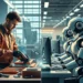 Escena dividida que muestra a un hombre trabajando con herramientas en electrónica en un taller, a la izquierda, y a robots humanoides tecleando en ordenadores en una moderna oficina, a la derecha.