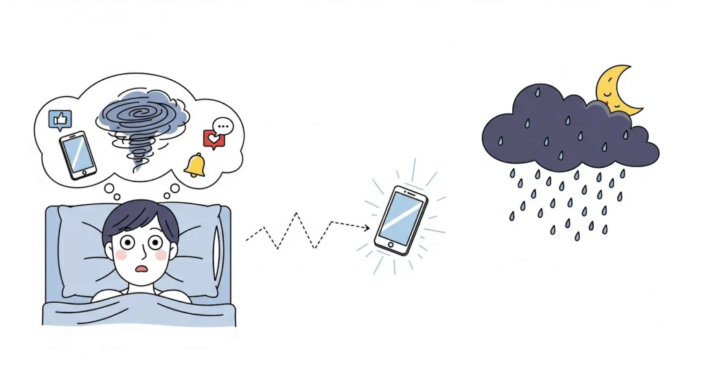 Una persona preocupada se tumba en la cama por la noche, imaginando un remolino de notificaciones de redes sociales. Su teléfono brilla cerca, con la lluvia y la luna fuera, sugiriendo ansiedad e insomnio causados por el uso del teléfono.