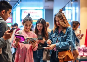 Tres mujeres jóvenes están de pie en una tienda muy iluminada, sonriendo mientras miran revistas y libros. Al fondo se ven otros compradores, algunos con sus teléfonos. El ambiente es animado y moderno.
