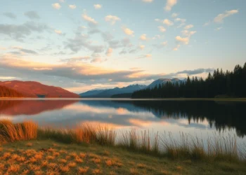 La luz dorada del sol ilumina la hierba junto a un tranquilo lago, con pinos y montañas lejanas reflejados en el agua bajo un cielo salpicado de nubes al amanecer o al atardecer.