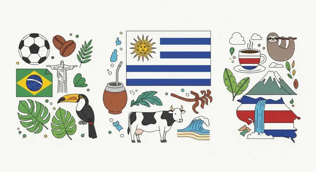 Ilustración de símbolos de Brasil, Uruguay y Costa Rica, que incluye banderas, animales, plantas, un balón de fútbol, café, un tucán, un perezoso, el Cristo Redentor, un volcán, una vaca y olas.