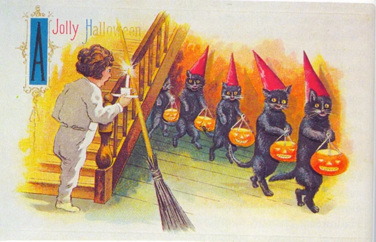 Tarjeta antigua de Halloween con gatos negros