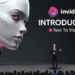 Presentación de InVideo con una pantalla que muestra un robot humanoide y un presentador anunciando la función 'Text to Video'.