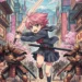 Una chica de estilo anime con el pelo rosa y una espada corre por una calle bordeada de cerezos en flor con salones recreativos y tiendas de ramen, perseguida por robots samuráis blindados. El monte Fuji se ve al fondo.
