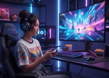 Una joven con auriculares juega a un colorido videojuego de ciencia ficción en un gran monitor curvo en una sala de juegos iluminada con neón, con aperitivos y accesorios de juego sobre el escritorio.