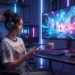 Una joven con auriculares juega a un colorido videojuego de ciencia ficción en un gran monitor curvo en una sala de juegos iluminada con neón, con aperitivos y accesorios de juego sobre el escritorio.