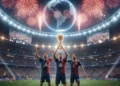 Tres jubilosos jugadores de fútbol sostienen un trofeo en un estadio abarrotado, rodeados de hinchas, confeti y fuegos artificiales. Unas pantallas gigantes y un globo terráqueo iluminado subrayan la celebración mundial.
