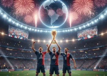 Tres jubilosos jugadores de fútbol sostienen un trofeo en un estadio abarrotado, rodeados de hinchas, confeti y fuegos artificiales. Unas pantallas gigantes y un globo terráqueo iluminado subrayan la celebración mundial.