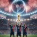 Tres jubilosos jugadores de fútbol sostienen un trofeo en un estadio abarrotado, rodeados de hinchas, confeti y fuegos artificiales. Unas pantallas gigantes y un globo terráqueo iluminado subrayan la celebración mundial.