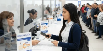 Una joven en una ventanilla bancaria entrega dinero en efectivo y un documento de identidad a un cajero detrás de un cristal. Carteles en español ofrecen servicios de remesas. Al fondo, la gente hace cola. El ambiente es ajetreado y ordenado.