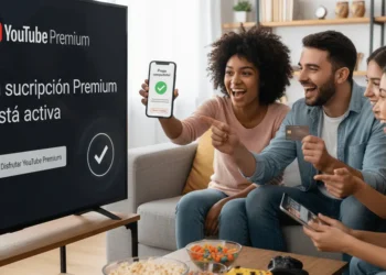 Tres amigos felices sentados en un sofá celebran mientras una pantalla de televisión muestra "Tu suscripción Premium está activa" para YouTube Premium. Una persona muestra una confirmación en su teléfono, mientras que otra sostiene una tarjeta de crédito.