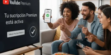 Tres amigos felices sentados en un sofá celebran mientras una pantalla de televisión muestra "Tu suscripción Premium está activa" para YouTube Premium. Una persona muestra una confirmación en su teléfono, mientras que otra sostiene una tarjeta de crédito.