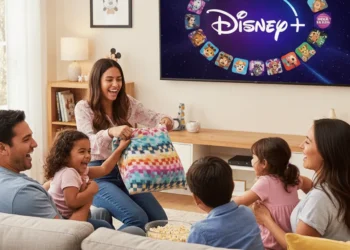 Una familia de cinco miembros se sienta en un sofá, ríen y comparten palomitas mientras ven juntos Disney+ en un acogedor salón. Una mujer sostiene una manta de colores y los niños sonríen entusiasmados.