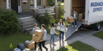 Cinco jóvenes trasladan cajas y muebles de un camión rotulado "Mudanzas Express" a una casa con un cartel de Se Alquila, subiendo las pertenencias por la pasarela y la rampa en un día soleado.