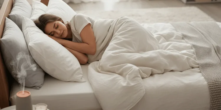 Una mujer duerme plácidamente en una cama pulcramente hecha con sábanas blancas en un dormitorio suavemente iluminado. En la mesilla de noche hay una vela y un difusor de aceites esenciales que emite vapor.