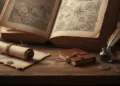 Un viejo libro con mapas está abierto sobre un escritorio de madera junto a un pergamino enrollado, pequeños cuadernos de cuero, monedas, una pluma en un tintero y una vasija de barro, evocando un estudio histórico o de exploradores.