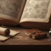 Un viejo libro con mapas está abierto sobre un escritorio de madera junto a un pergamino enrollado, pequeños cuadernos de cuero, monedas, una pluma en un tintero y una vasija de barro, evocando un estudio histórico o de exploradores.