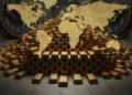 En una cámara acorazada se apilan montones de lingotes de oro, sobre los que se superpone un mapamundi transparente que sugiere riqueza mundial o finanzas internacionales.