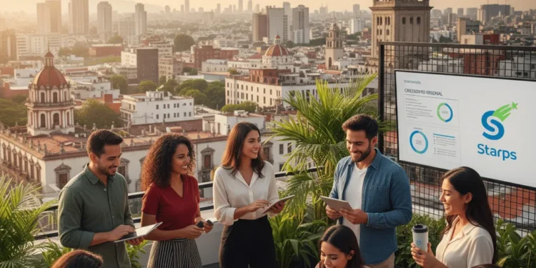 Un grupo de jóvenes profesionales colabora en una azotea con vistas a la ciudad. Discuten cerca de una pantalla que muestra una presentación empresarial con el logotipo "Starps". Al fondo se ven exuberantes plantas y edificios históricos.