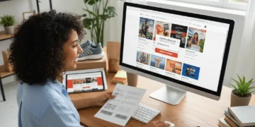 Una mujer se sienta en un escritorio con documentos de viaje impresos, mirando la pantalla de un ordenador que muestra ofertas de paquetes vacacionales. El espacio de trabajo tiene un teclado, un smartphone y artículos de viaje, con plantas y estanterías al fondo.