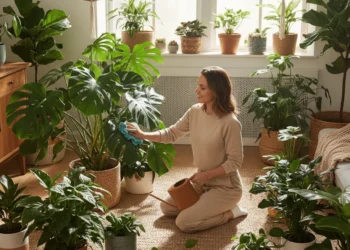 Una mujer arrodillada sobre una alfombra en una luminosa habitación llena de plantas de interior, sonríe mientras limpia una gran hoja de monstera con un paño mientras sostiene una regadera. La luz del sol entra por la ventana y resalta la vegetación.
