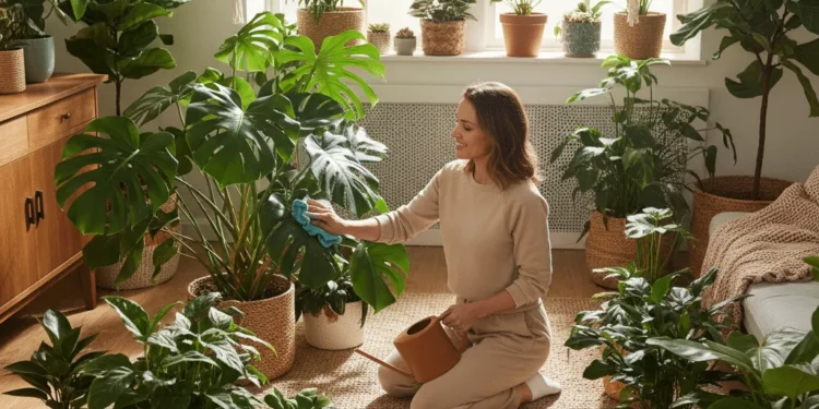 Una mujer arrodillada sobre una alfombra en una luminosa habitación llena de plantas de interior, sonríe mientras limpia una gran hoja de monstera con un paño mientras sostiene una regadera. La luz del sol entra por la ventana y resalta la vegetación.