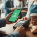 Una persona paga en el mostrador de una cafetería utilizando un smartphone en cuya pantalla aparece Pago aprobado. Un camarero sostiene una taza de café, y en el mostrador hay un terminal de pago junto a una bolsa de papel.