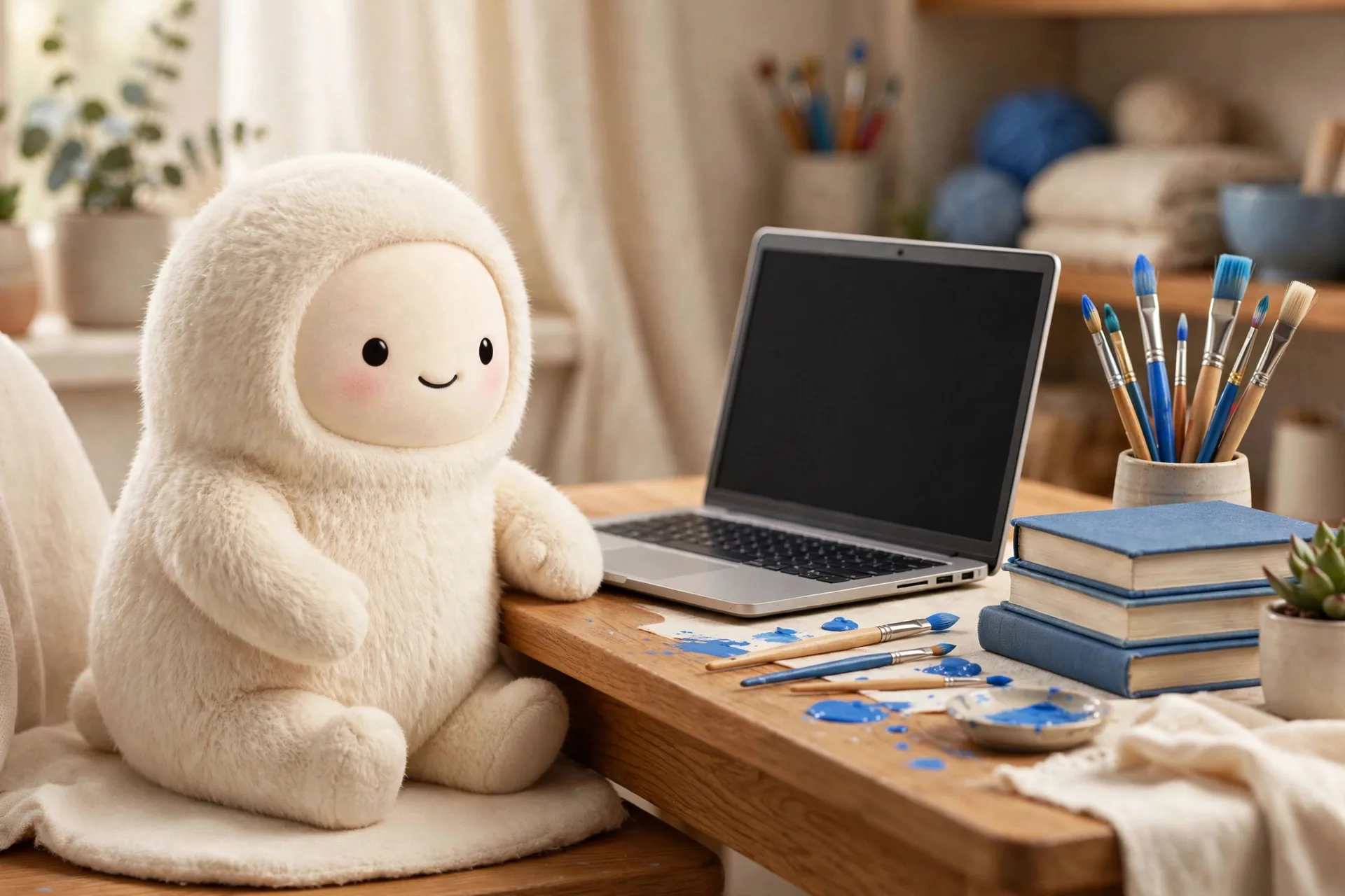 La mascota de Muse en un escritorio con laptop, libros y pinceles