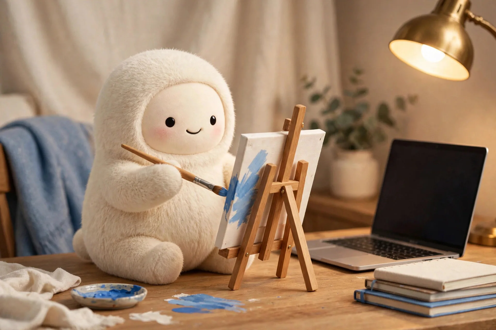 La mascota de Muse pintando en un pequeño lienzo