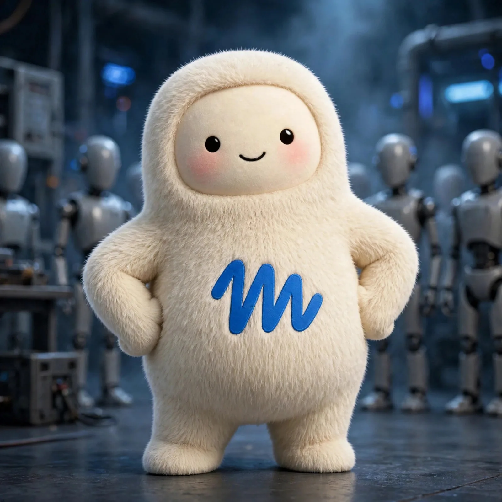 La mascota de Muse frente a siluetas grises de robots genéricos