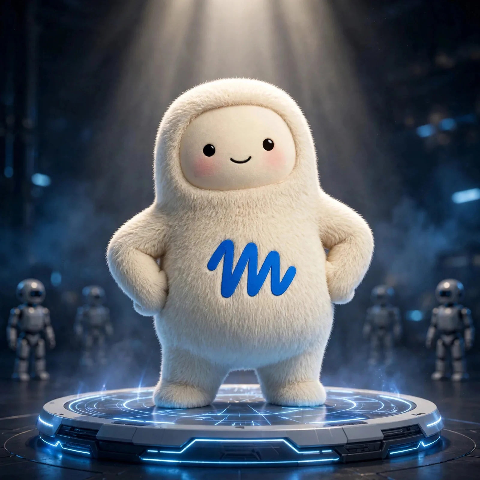 La mascota de Muse en pose heroica con robots grises detrás