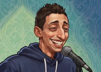 Nabil Sebti riendo frente al micrófono en su audición de Arab Idol, ilustración