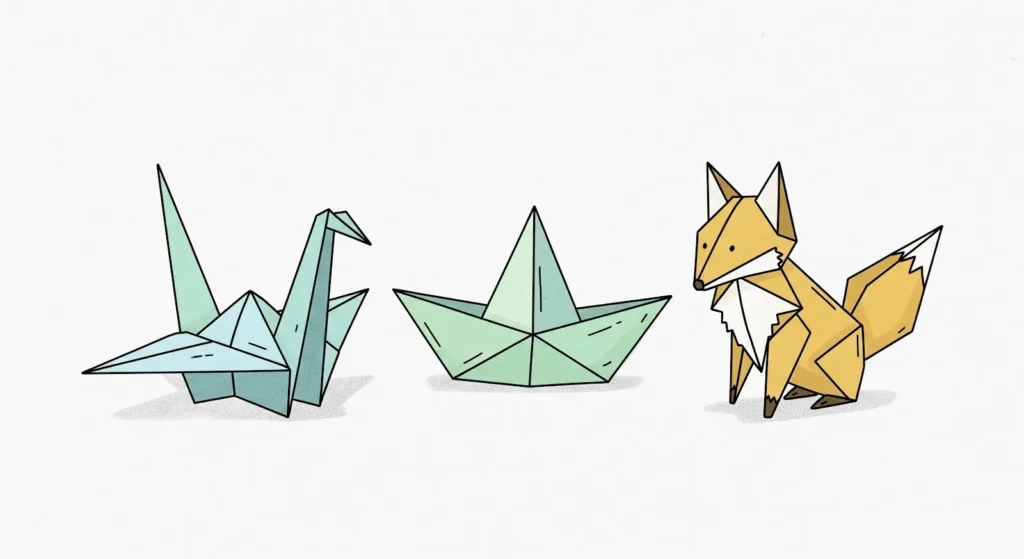 Tres coloridas figuras de origami sobre fondo blanco: una grulla azul a la izquierda, un barco verde en el centro y un zorro amarillo con el pecho blanco a la derecha.