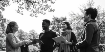 Grupo de jóvenes conversando al aire libre bajo un árbol en un parque, imagen en blanco y negro – Mundo Chido