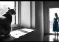 Fotografía en blanco y negro de un gato en la ventana observando a una mujer de pie al otro lado de la habitación.
