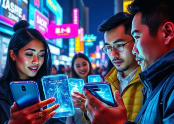 Grupo de jóvenes usando smartphones transparentes con hologramas en una calle iluminada con letreros de neón – Mundo Chido