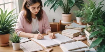 Joven con gafas organizando su agenda en un escritorio rodeado de plantas, revisando notas y escribiendo – Mundo Chido