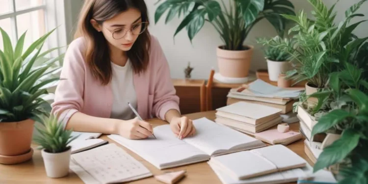 Joven con gafas organizando su agenda en un escritorio rodeado de plantas, revisando notas y escribiendo – Mundo Chido
