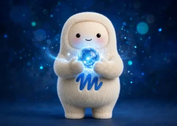 La mascota de Muse sosteniendo un orbe azul brillante