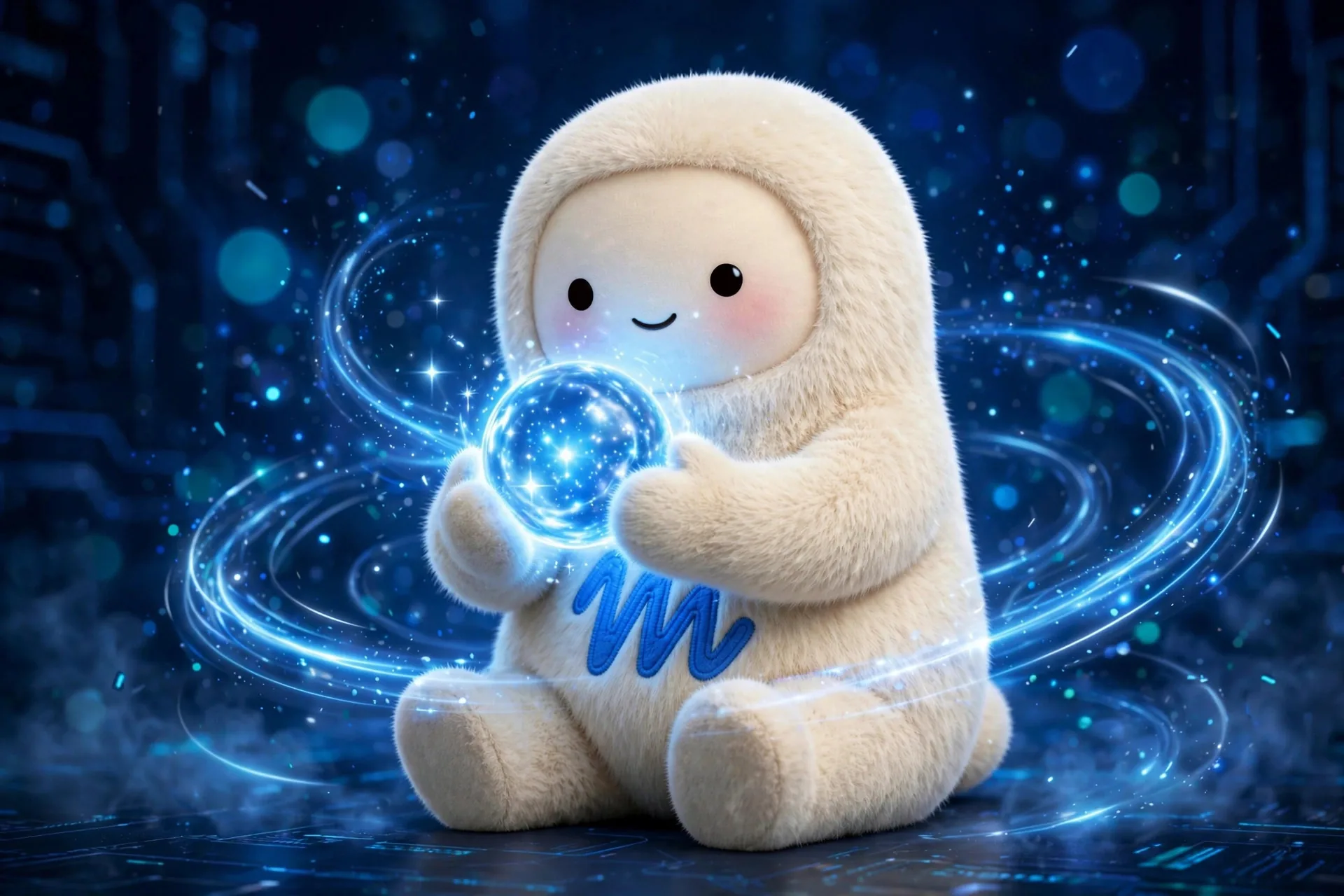 La mascota de Muse sosteniendo un orbe azul sobre fondo tecnológico